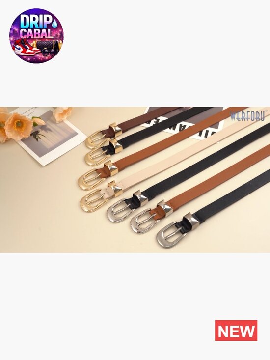 PU Leather Skinny Belt with Gold Buckle Adjustable Thin Waist Belt